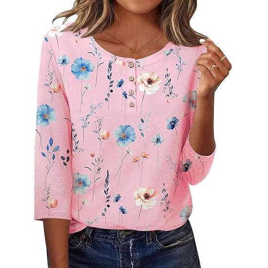 Printed 34 Sleeves Button Women's T-shirt