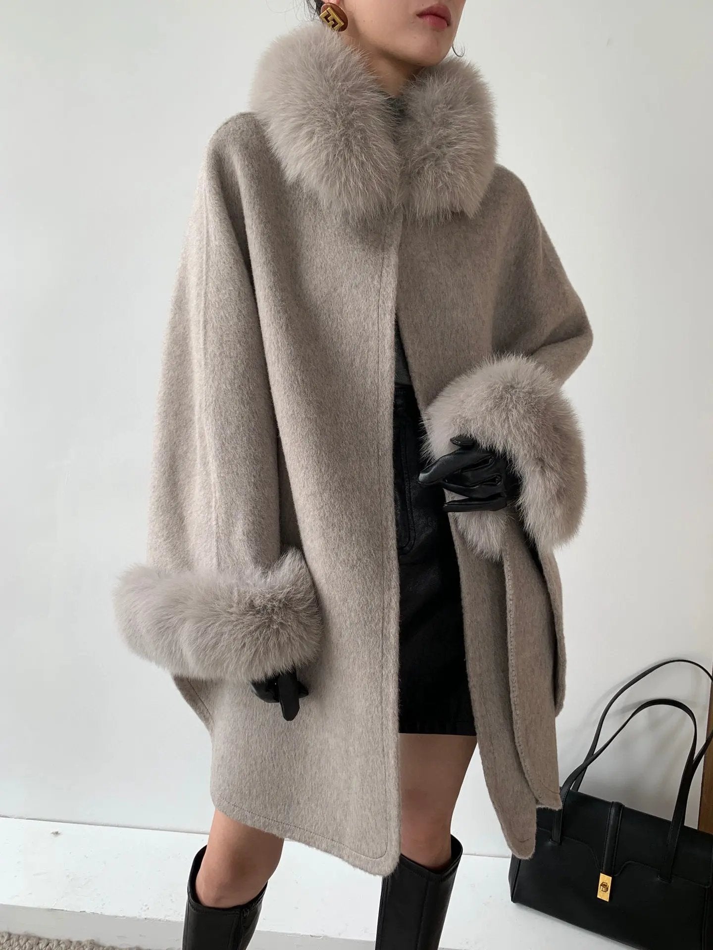 Cape Fox Fur Collar Cashmere Wavy Coat Made by OLYX