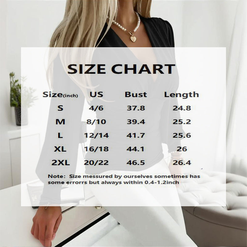 Women's Elegant Solid Color Deep V-Neck Long Sleeve Top With Draped Detail - Casual Pullover Blouse For Spring&Fall