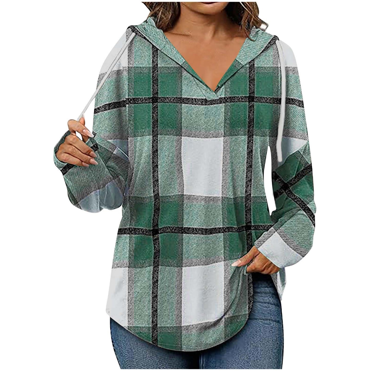 Hooded Pullover V-neck Adjustable Drawstring Casual Plaid Long Sleeve