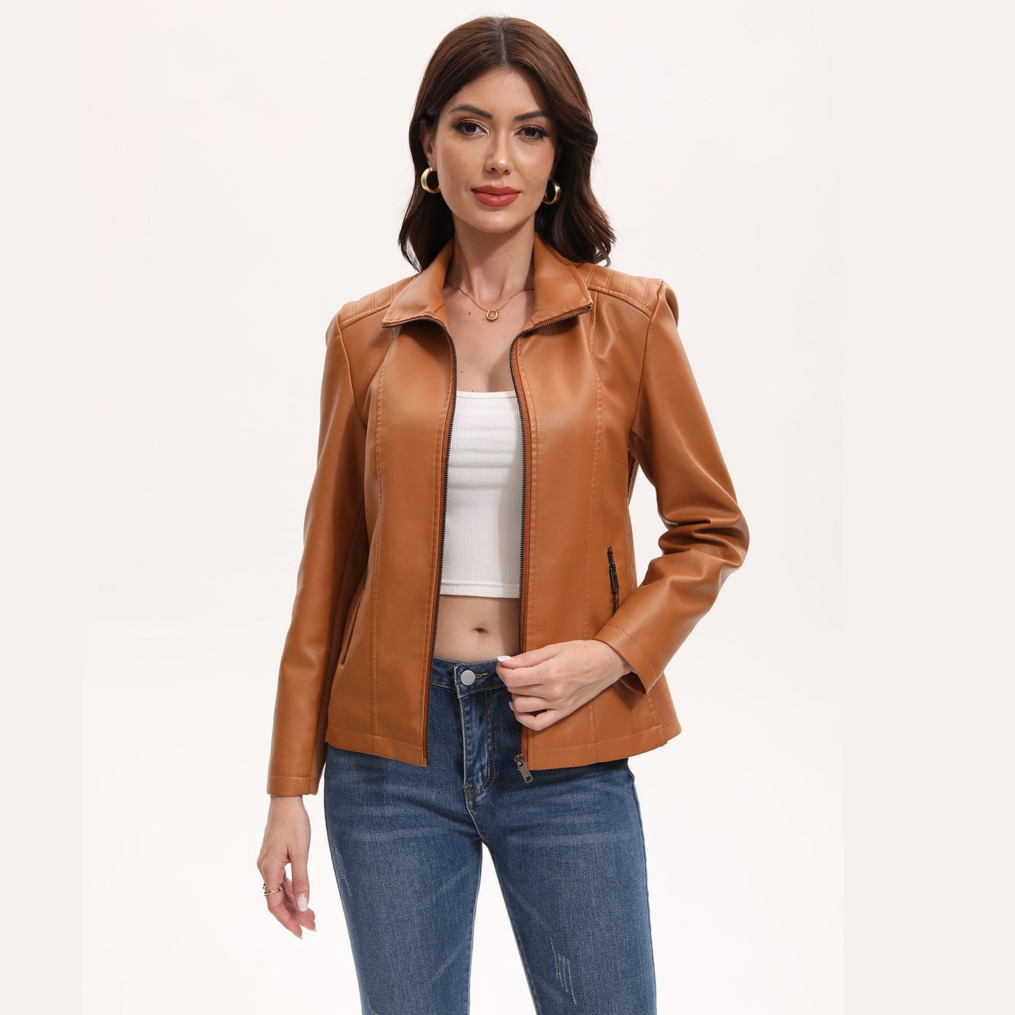 Women's Leather Jacket Knitted Stitching Stretch Coat