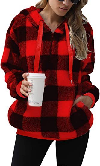 Long-sleeved Hooded Plaid Plush Sweatshirt