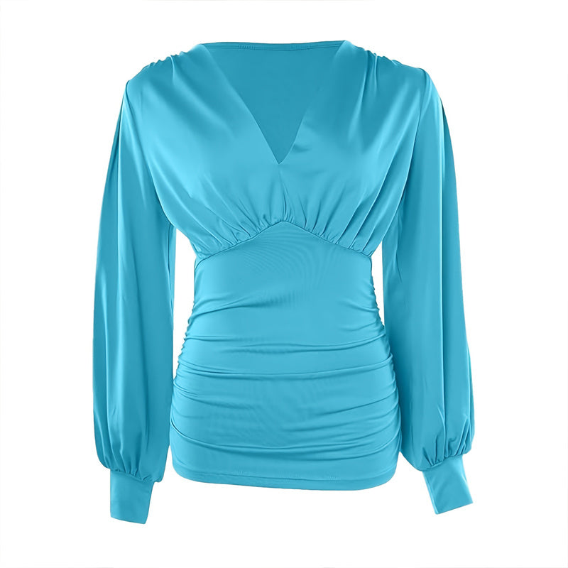 Women's Elegant Solid Color Deep V-Neck Long Sleeve Top With Draped Detail - Casual Pullover Blouse For Spring&Fall