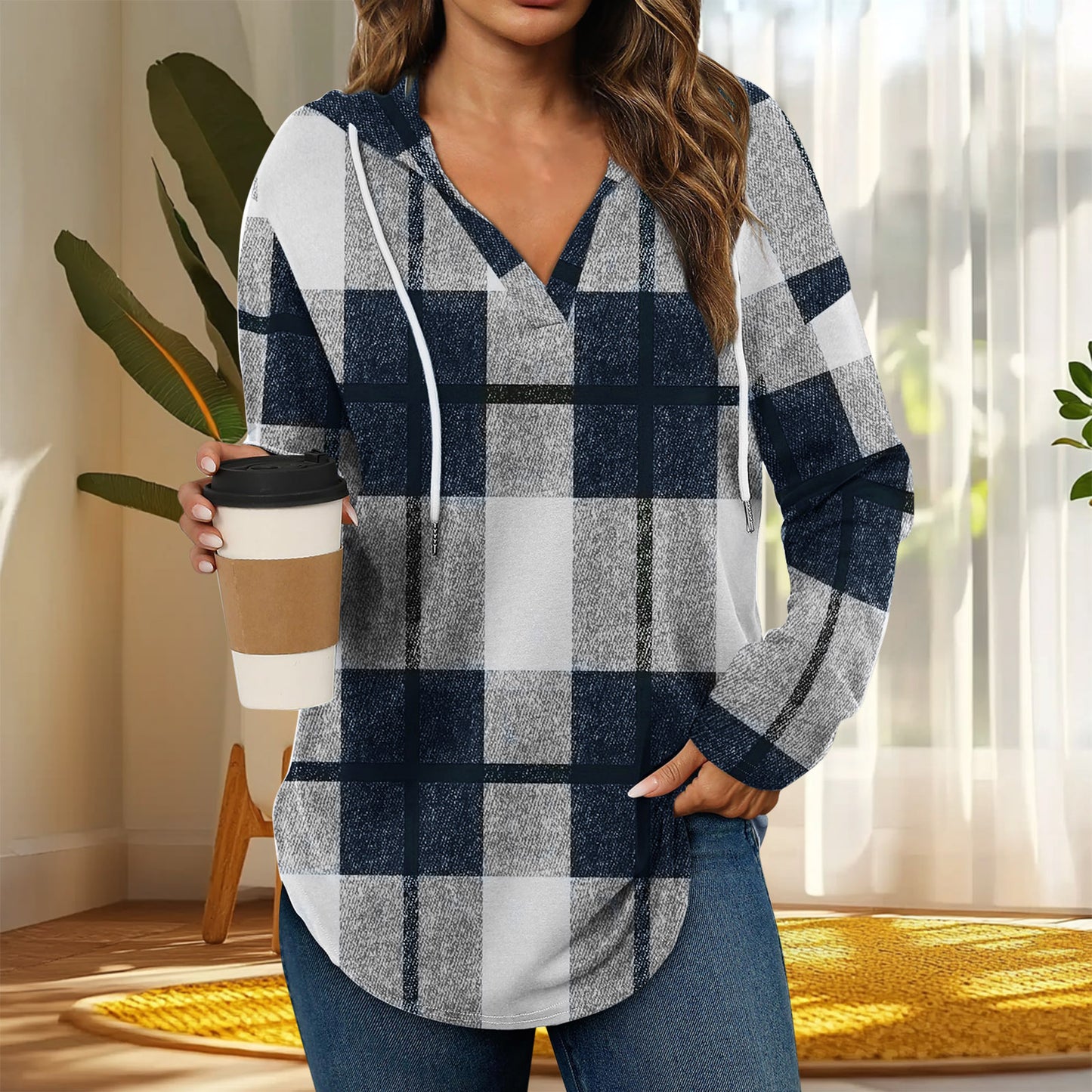 Hooded Pullover V-neck Adjustable Drawstring Casual Plaid Long Sleeve
