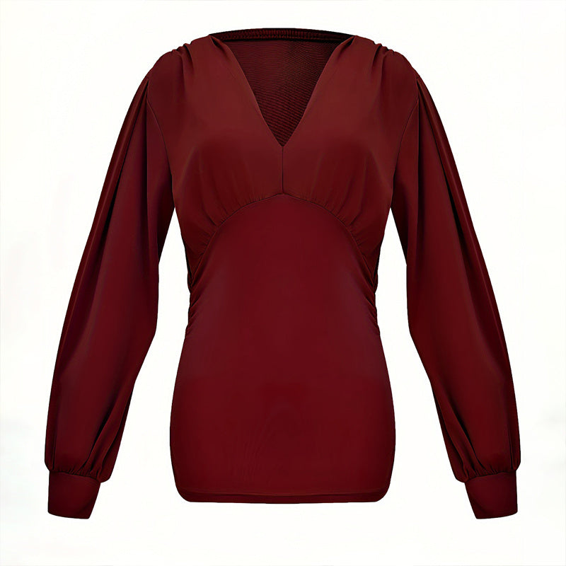 Women's Elegant Solid Color Deep V-Neck Long Sleeve Top With Draped Detail - Casual Pullover Blouse For Spring&Fall