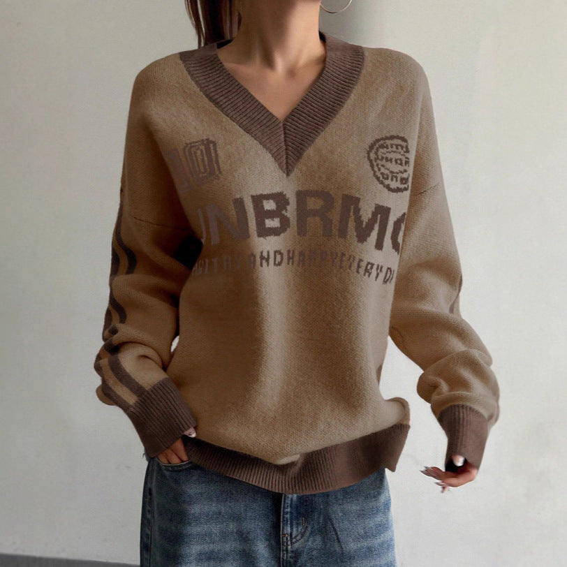 Hot Girl Loose Preppy Style Casual Contrast Color Lazy Sweater