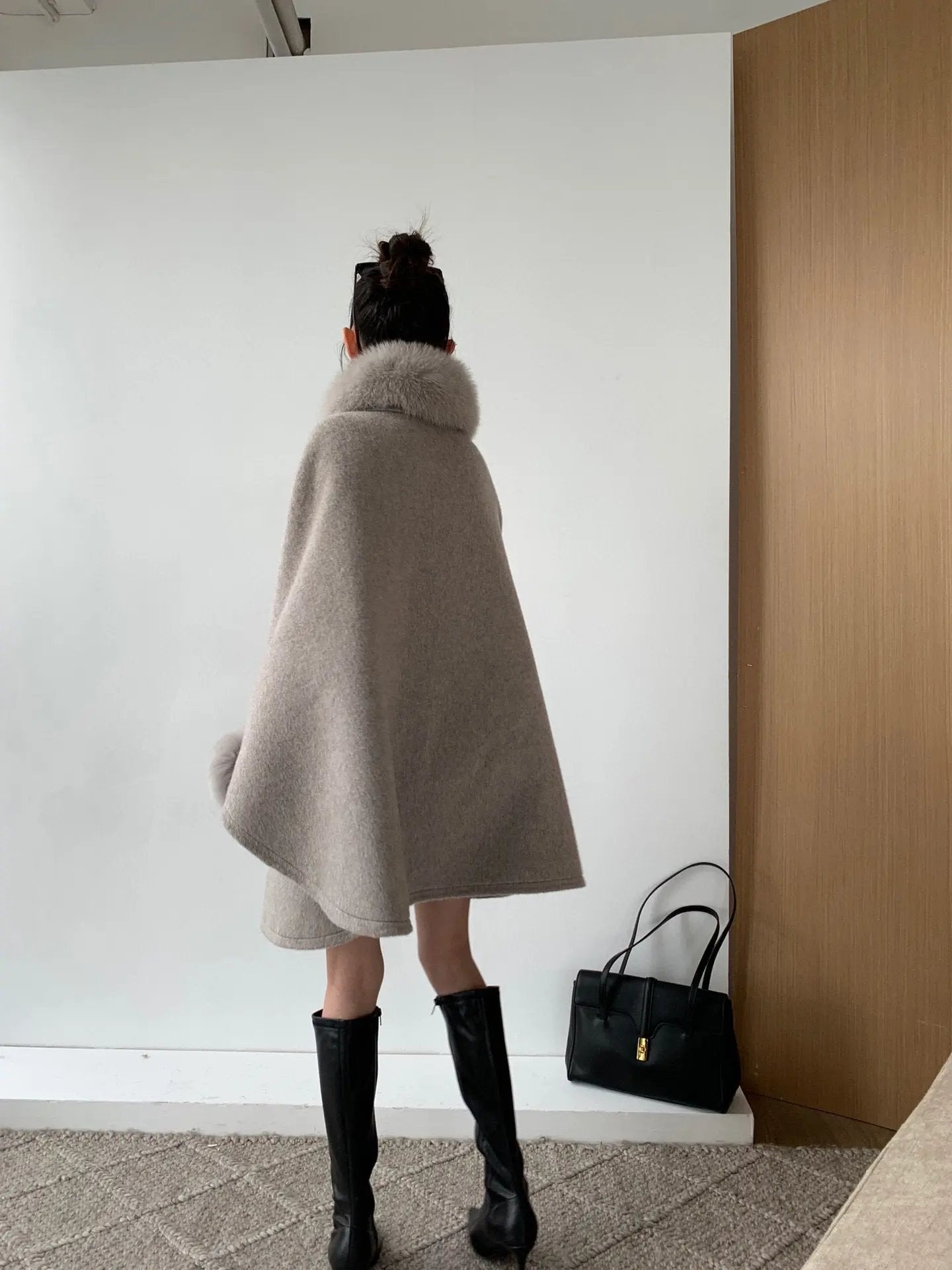 Cape Fox Fur Collar Cashmere Wavy Coat Made by OLYX