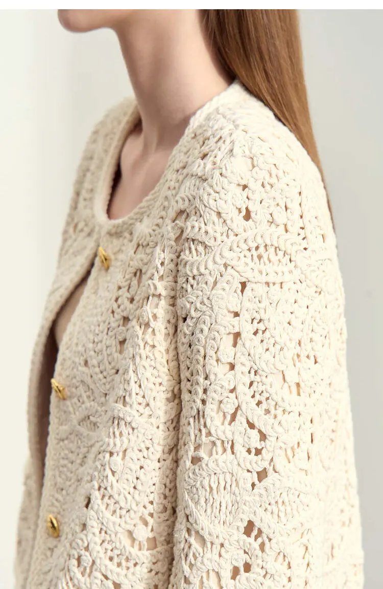 Women's Round Neck Crocheted Texture Coat Loose Short Padded Shoulder Top Made by OLYX