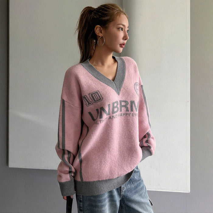 Hot Girl Loose Preppy Style Casual Contrast Color Lazy Sweater