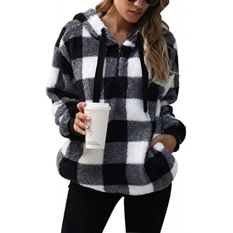 Long-sleeved Hooded Plaid Plush Sweatshirt