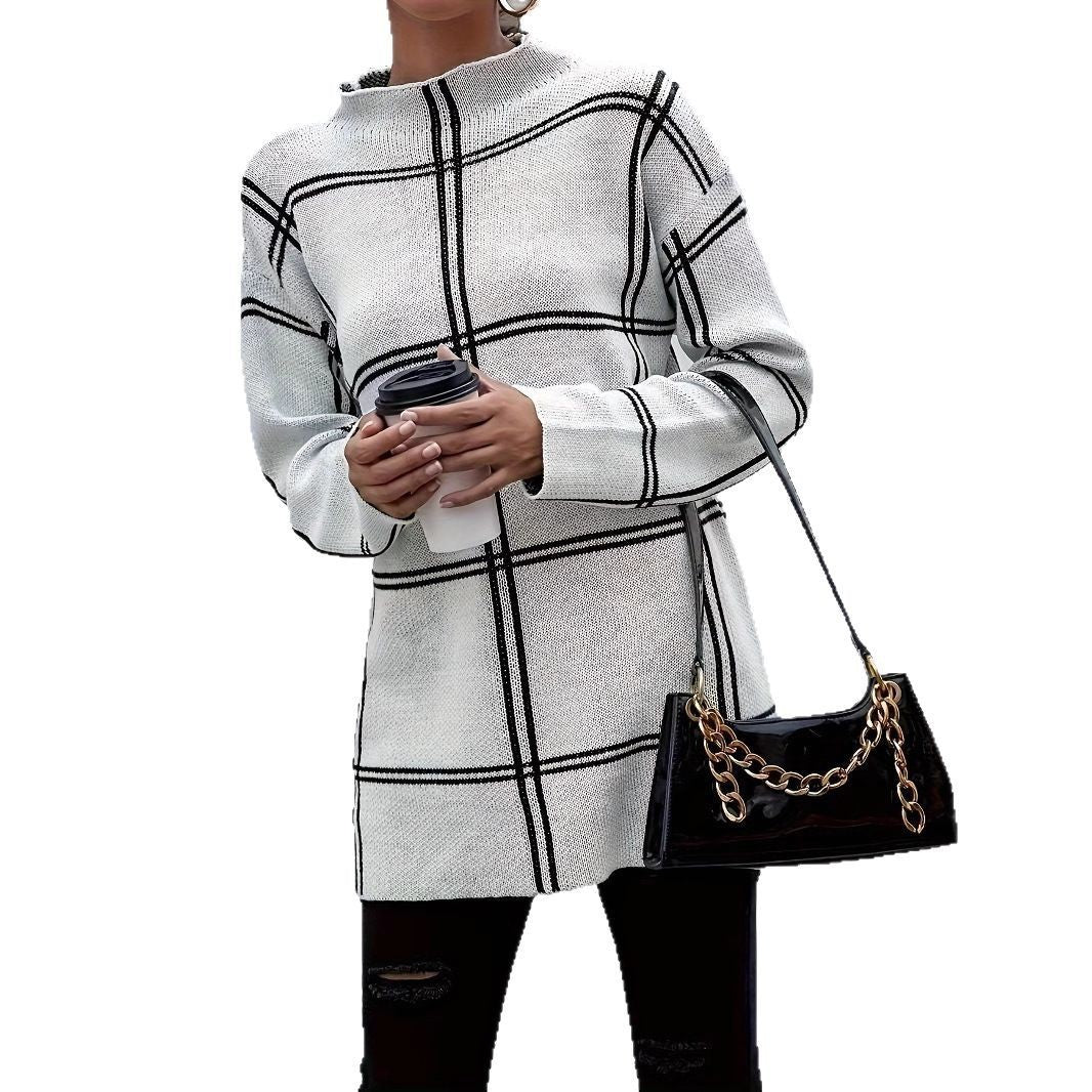 Plaid Casual All-match Round Neck Pullover Sweater