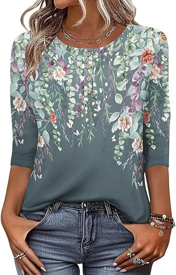 Printed 34 Sleeves Button Women's T-shirt