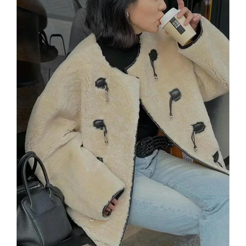 Autumn And Winter New Metal Leather Ring Fur Stitching Casual Fashionable Stylish Coat Made by OLYX