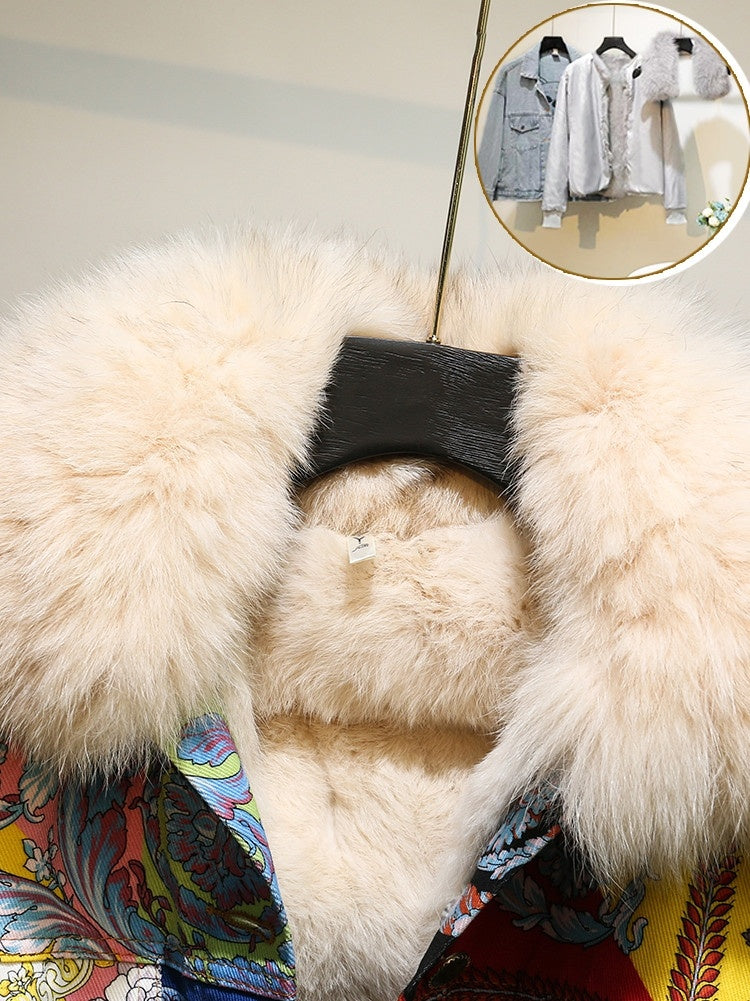 Women's Vintage Printing Denim Plush Thickened Coat