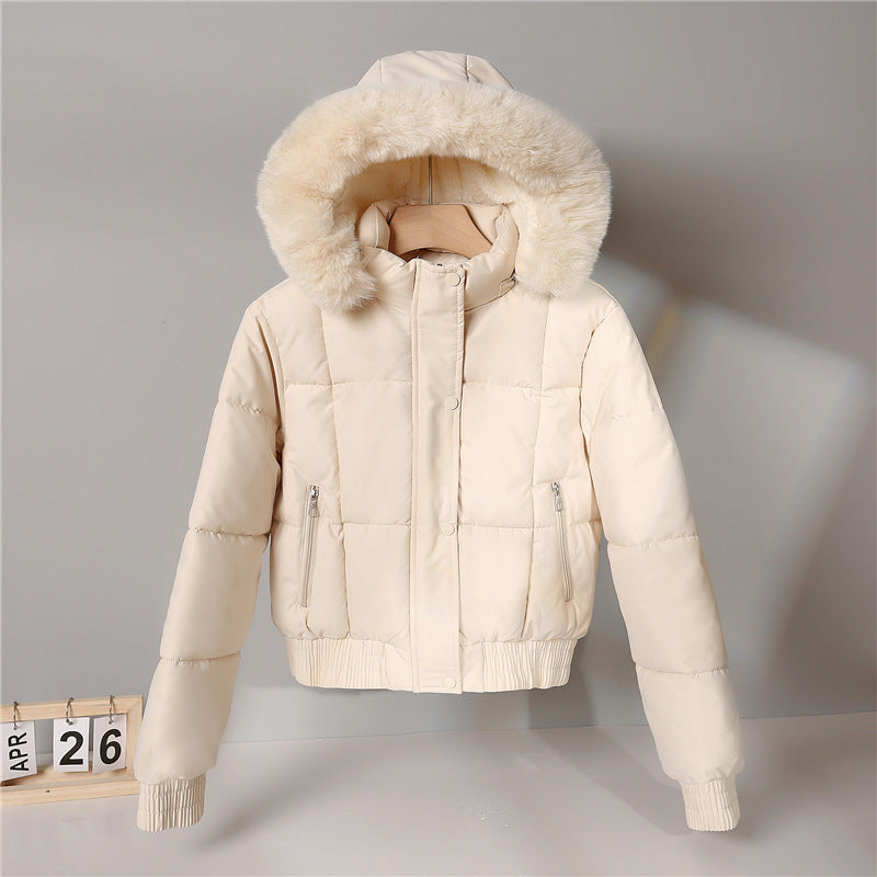 Thickened Fleece Jacket, Fashionable And Petite Hooded Short Long-sleeved Cotton Jacket