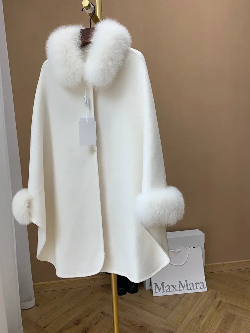 Cape Fox Fur Collar Cashmere Wavy Coat Made by OLYX