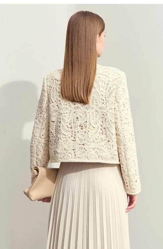 Women's Round Neck Crocheted Texture Coat Loose Short Padded Shoulder Top Made by OLYX