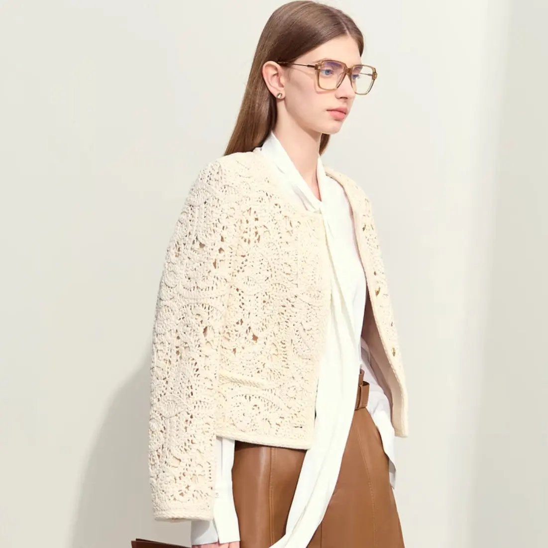 Women's Round Neck Crocheted Texture Coat Loose Short Padded Shoulder Top Made by OLYX