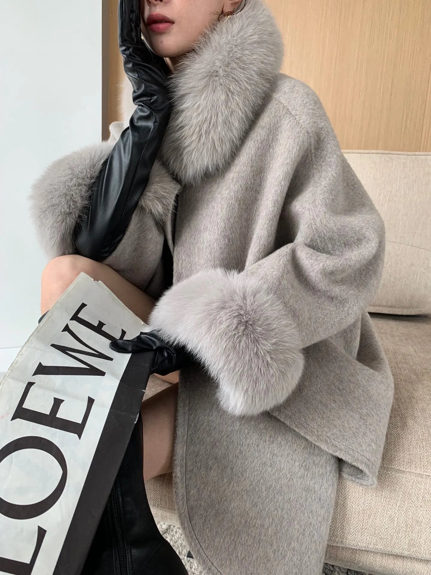Cape Fox Fur Collar Cashmere Wavy Coat Made by OLYX