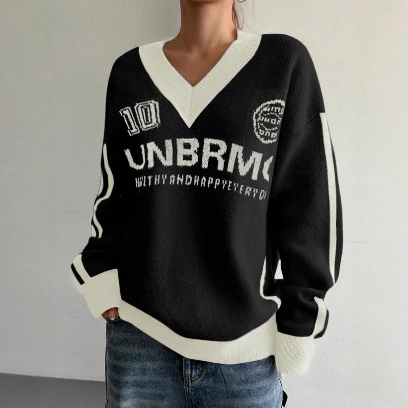 Hot Girl Loose Preppy Style Casual Contrast Color Lazy Sweater