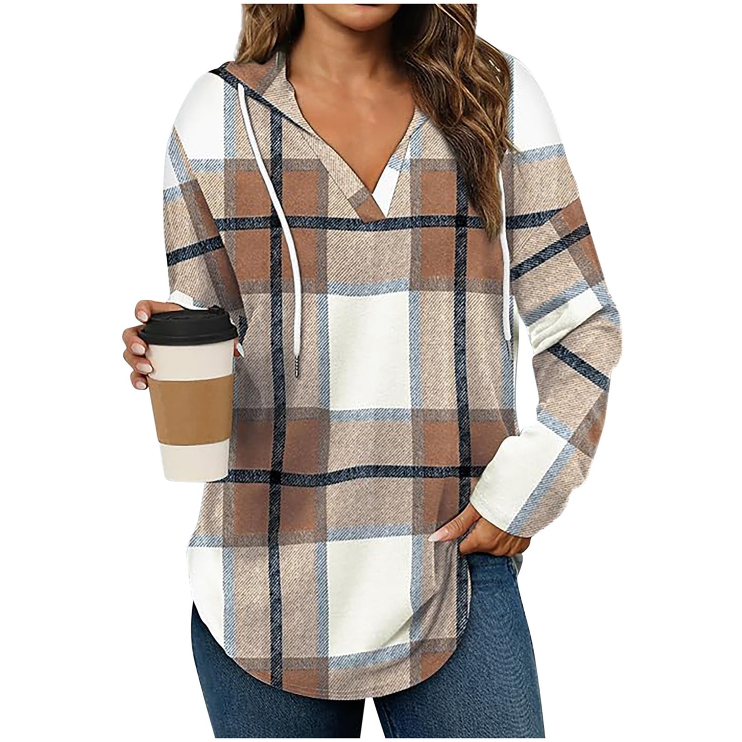 Hooded Pullover V-neck Adjustable Drawstring Casual Plaid Long Sleeve