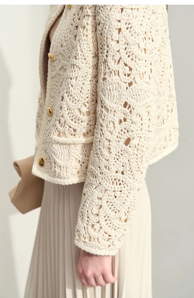 Women's Round Neck Crocheted Texture Coat Loose Short Padded Shoulder Top Made by OLYX