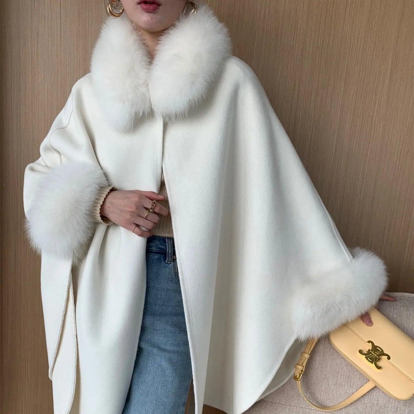 Cape Fox Fur Collar Cashmere Wavy Coat Made by OLYX