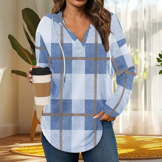 Hooded Pullover V-neck Adjustable Drawstring Casual Plaid Long Sleeve