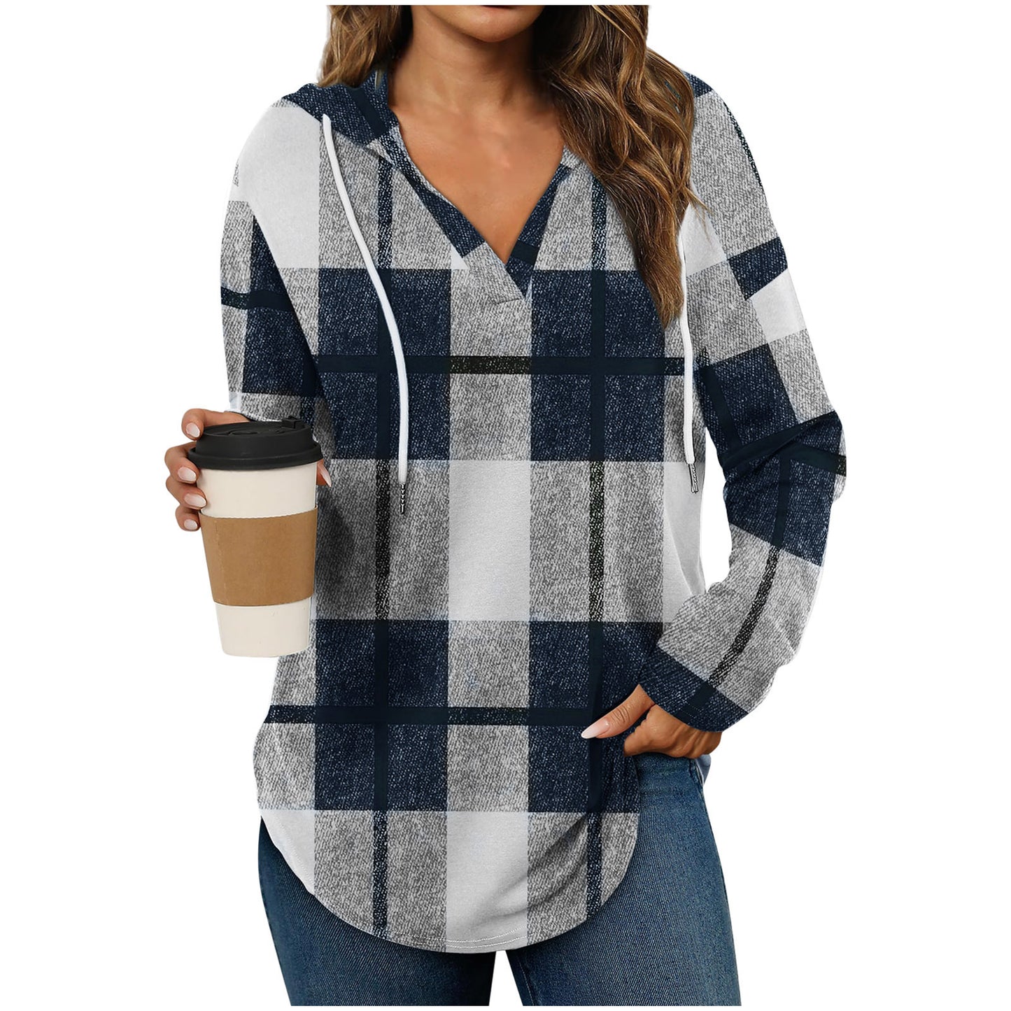 Hooded Pullover V-neck Adjustable Drawstring Casual Plaid Long Sleeve