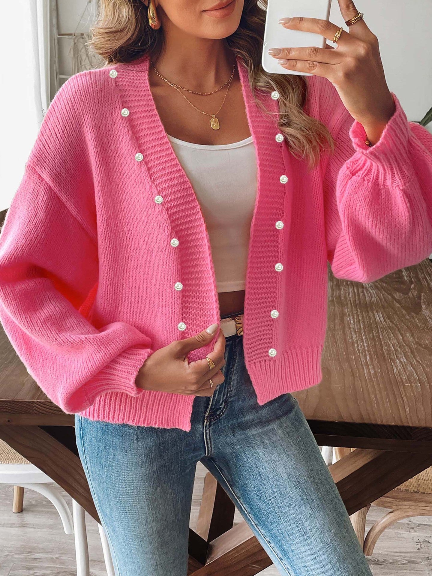 Women's Short Pearl Beaded Casual Loose Non-buckle Woven Sweater Coat