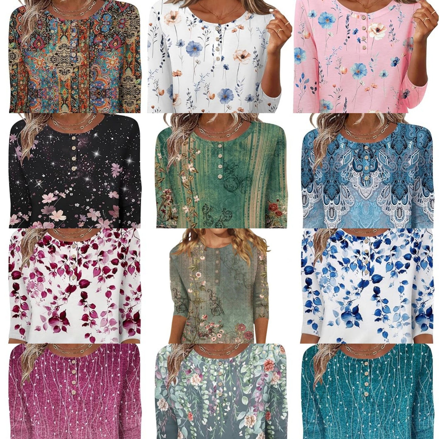 Printed 34 Sleeves Button Women's T-shirt