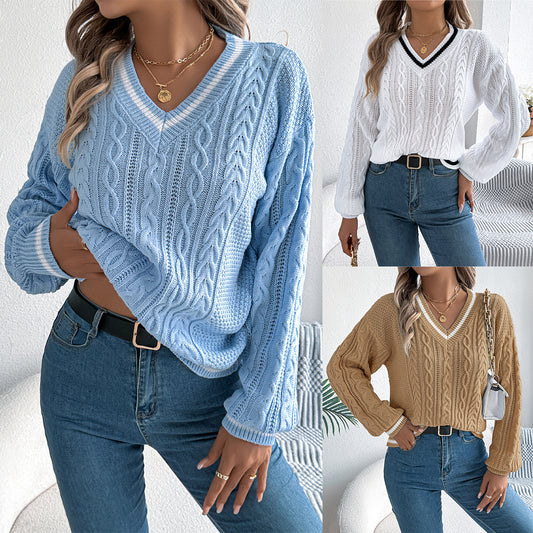 College Style Color-block V Neck Twist Lantern Long Sleeve Sweater