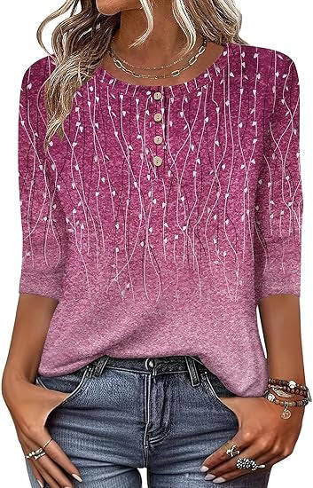 Printed 34 Sleeves Button Women's T-shirt