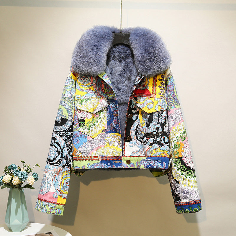 Women's Vintage Printing Denim Plush Thickened Coat