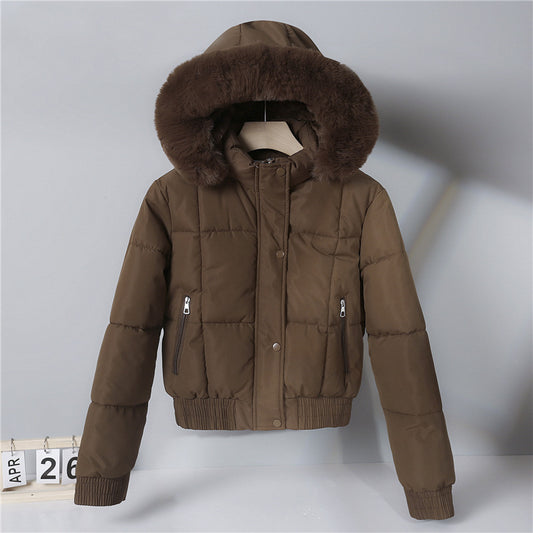 Thickened Fleece Jacket, Fashionable And Petite Hooded Short Long-sleeved Cotton Jacket