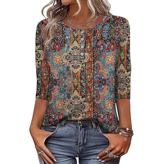 Printed 34 Sleeves Button Women's T-shirt