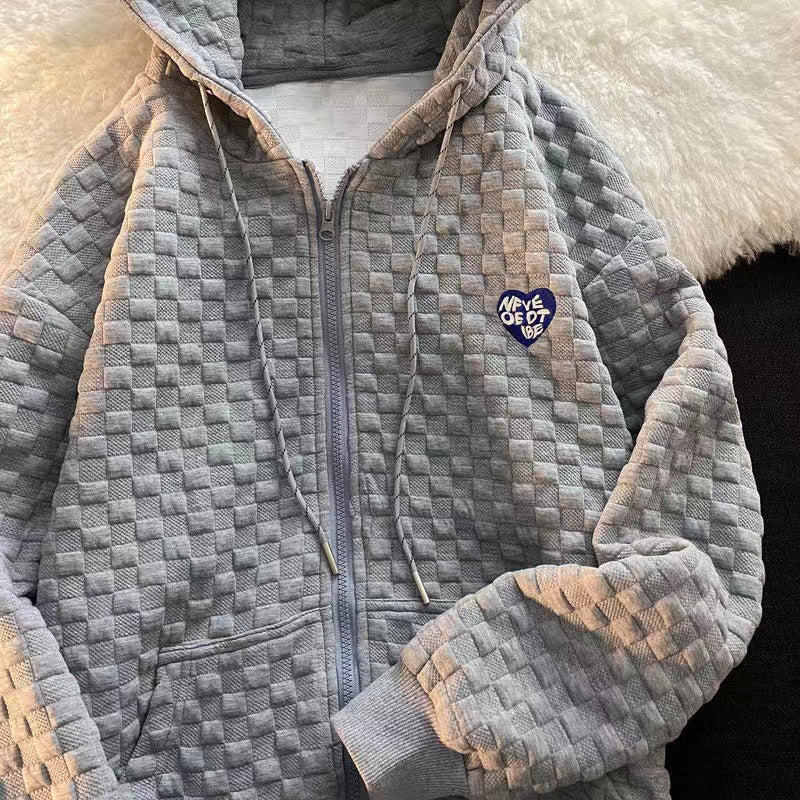 Women's Loose Waffle Hooded Sweatshirt Korean Style Versatile Design Long-sleeved Cardigan Jacket