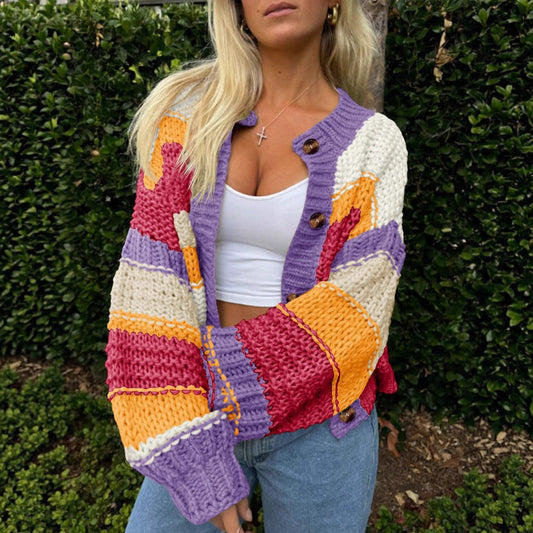 Ladies Striped Thick Needle Button Cardigan Sweater