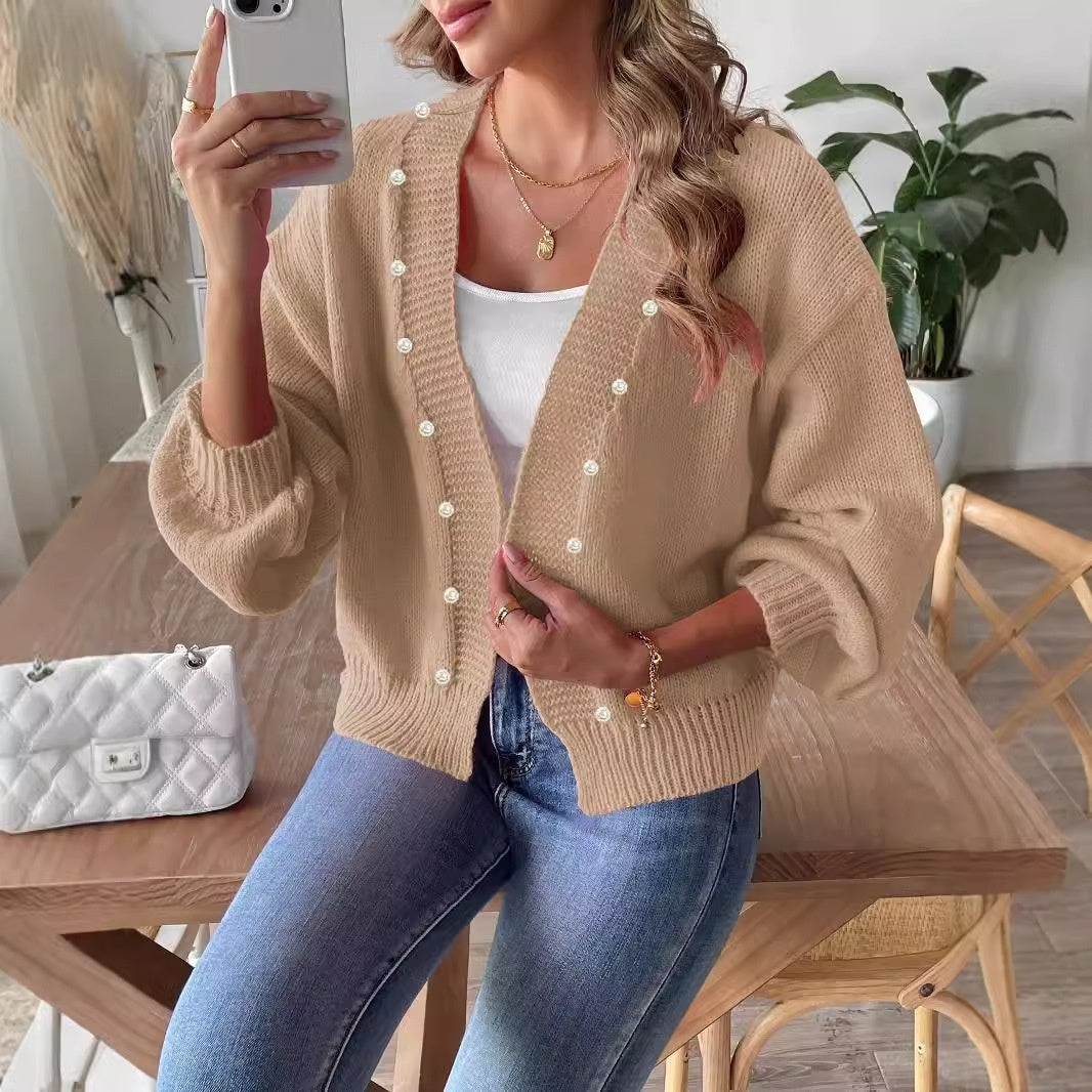 Women's Short Pearl Beaded Casual Loose Non-buckle Woven Sweater Coat