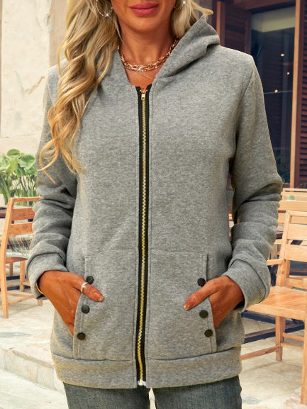 Women's Mid-length Fleece-lined Hooded Sweatshirt With Thickened Fleece Lining, Versatile Cardigan