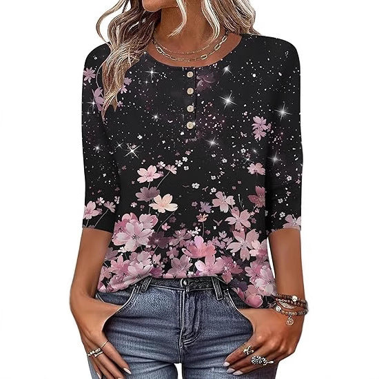 Printed 34 Sleeves Button Women's T-shirt