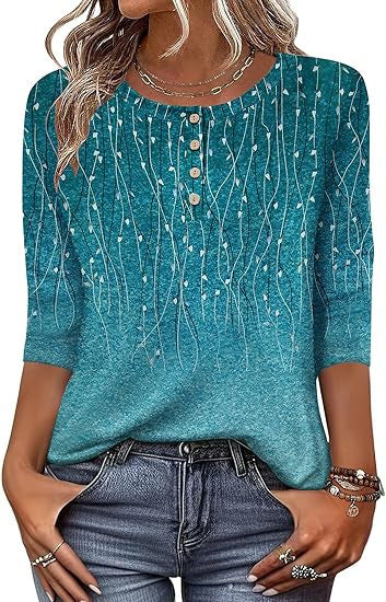 Printed 34 Sleeves Button Women's T-shirt