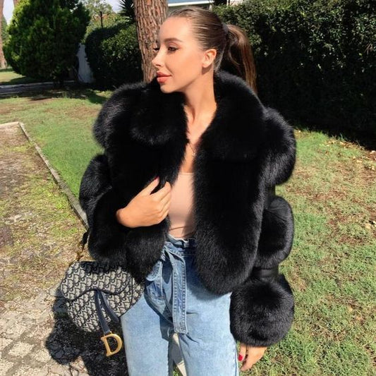 Women's Fur Stitching Lapel Artificial Fur Coat