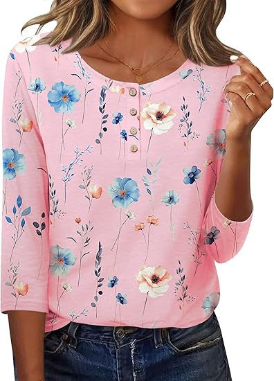 Printed 34 Sleeves Button Women's T-shirt