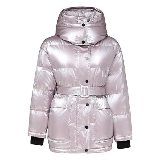 Winter Jacket Thick Mid-length Waist White Duck Down Jackets Slim Belt Silver Shiny Parka Women Coat Made by OLYX