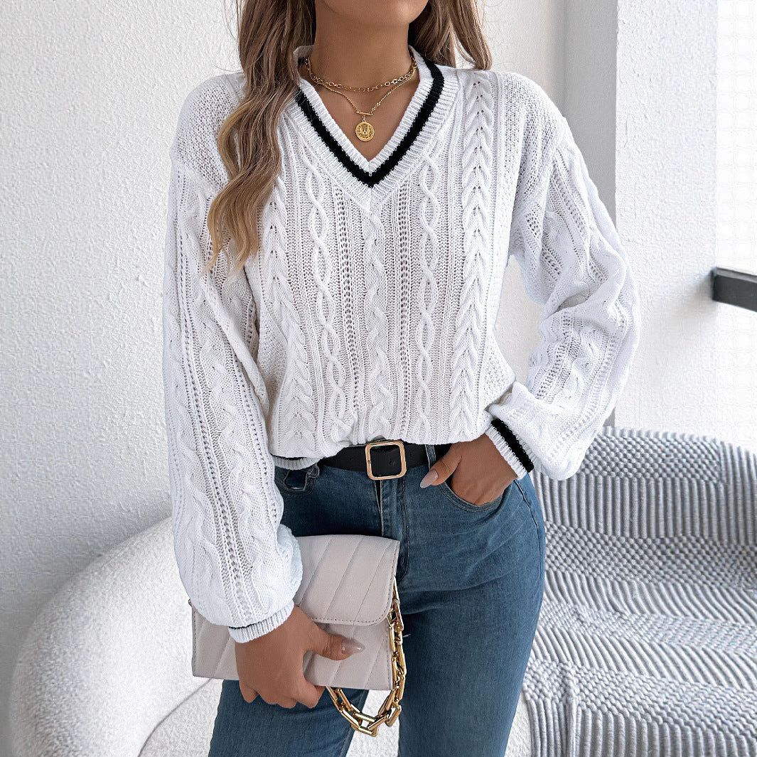 College Style Color-block V Neck Twist Lantern Long Sleeve Sweater