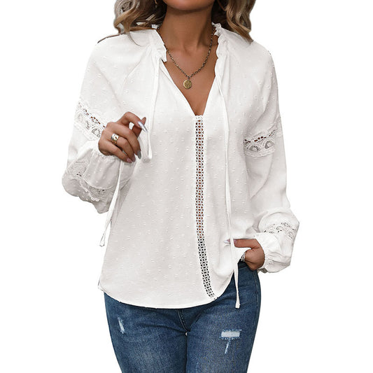 Lace Cut-out Ruffled White Shirt For Women