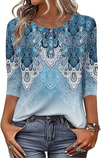 Printed 34 Sleeves Button Women's T-shirt