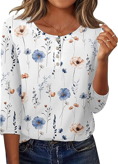 Printed 34 Sleeves Button Women's T-shirt
