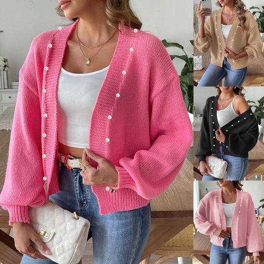 Women's Short Pearl Beaded Casual Loose Non-buckle Woven Sweater Coat